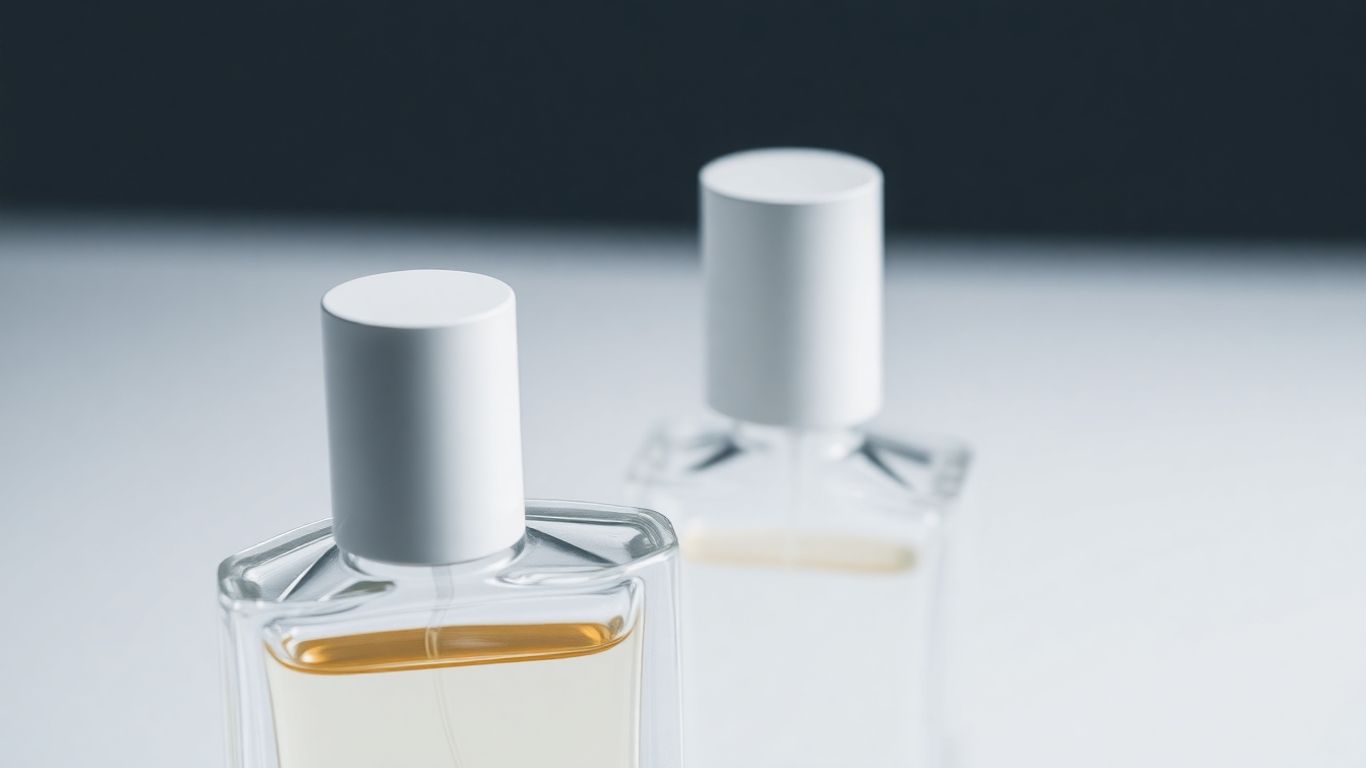 Elegant white and clear perfume bottle with soft lighting.