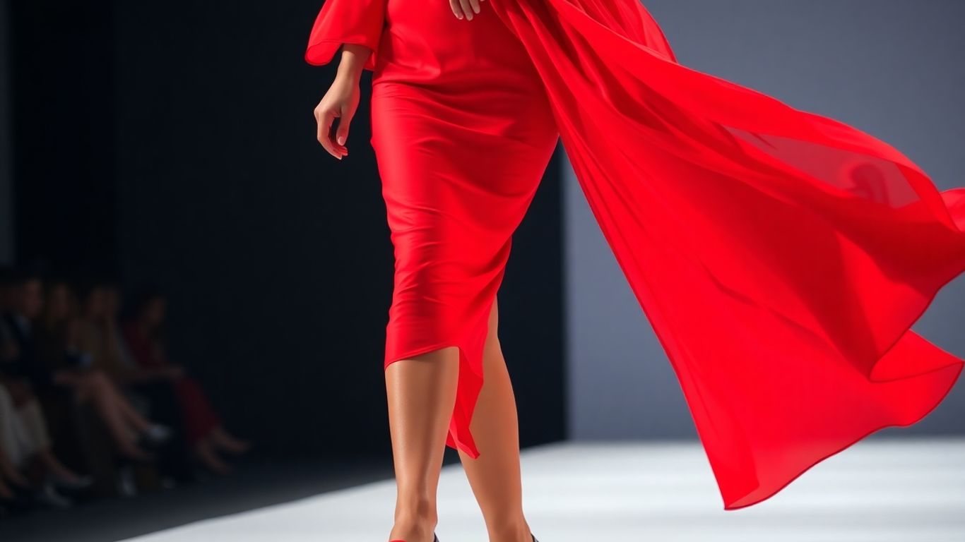 Woman in a flowing red dress on a runway.