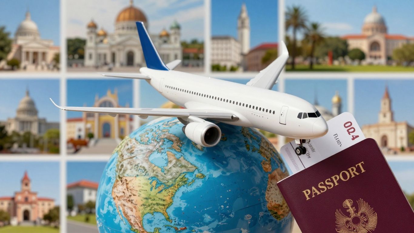 Airplane flying over a globe with travel destinations.