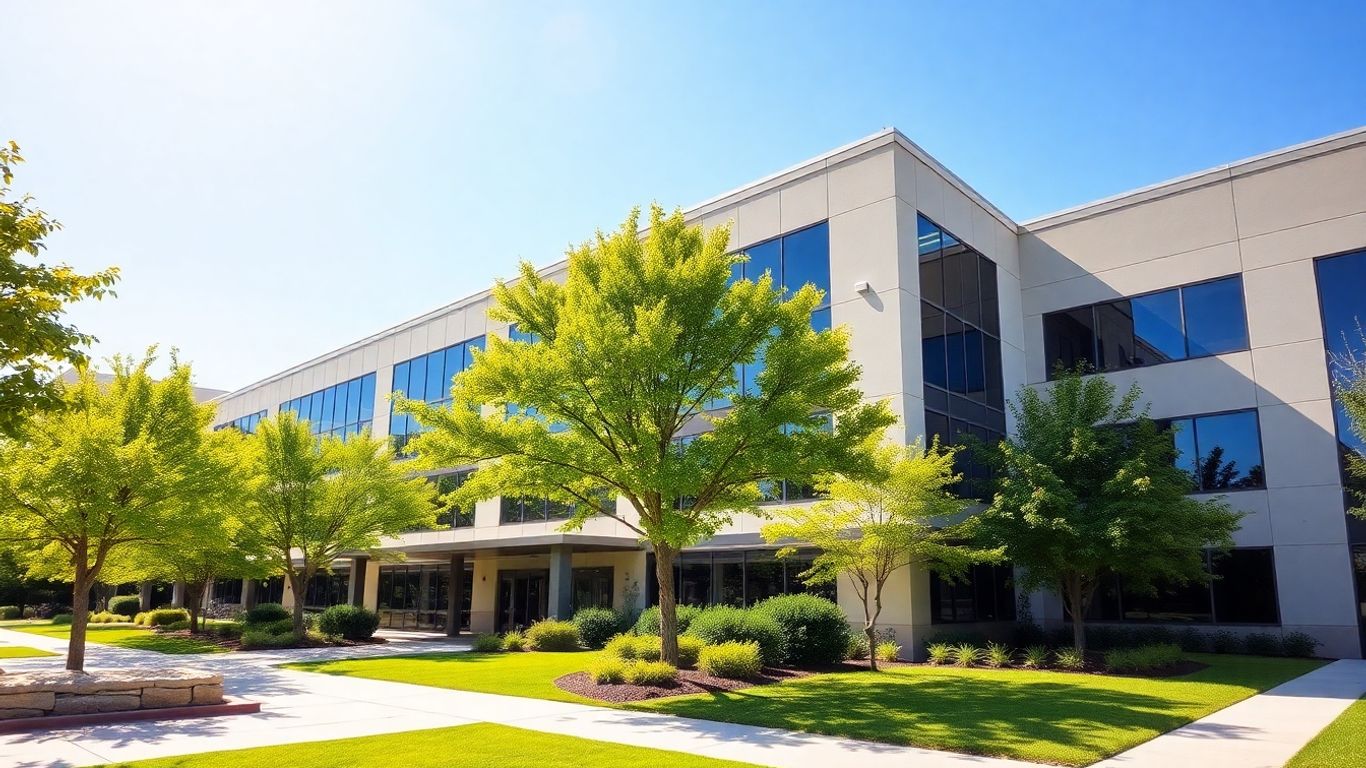 Modern building with trees and blue sky.