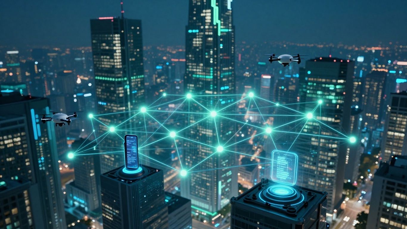 Blockchain and IoT integration in a futuristic city.