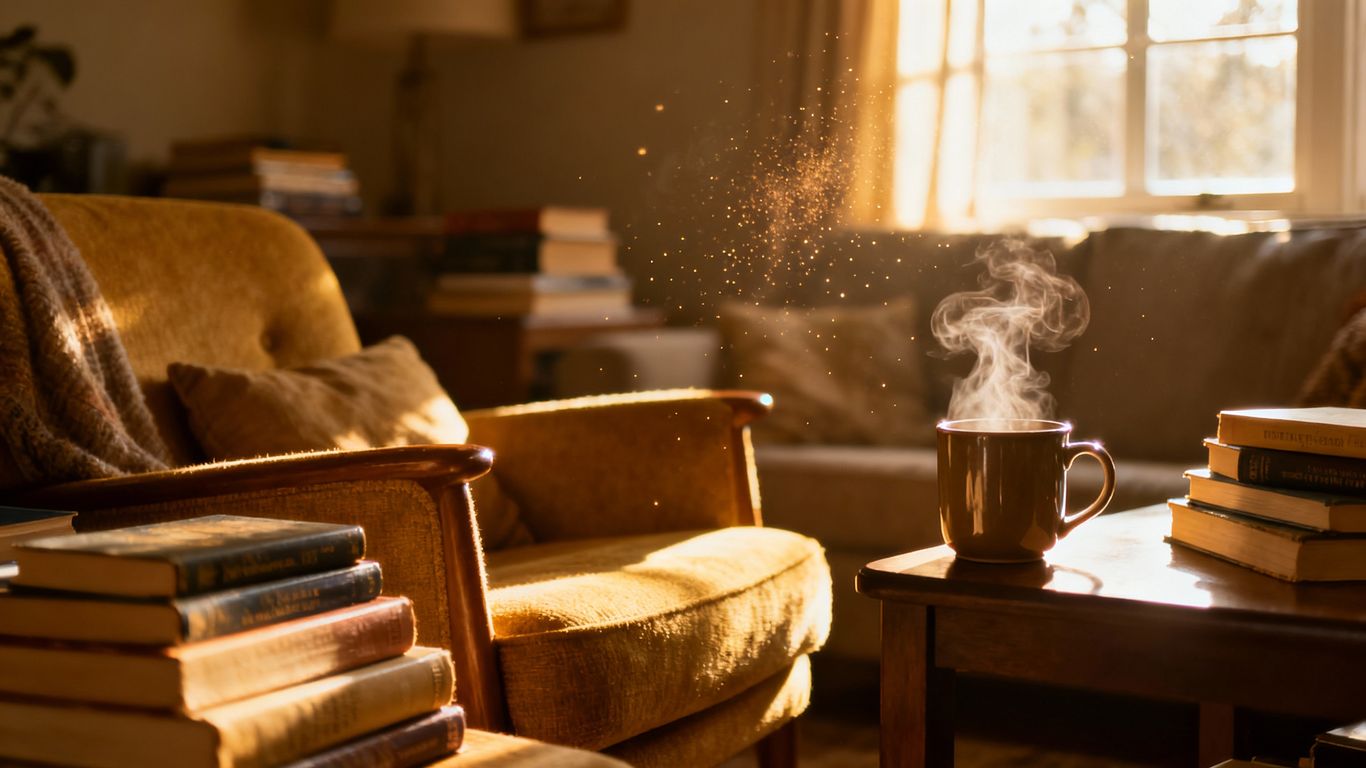 Cozy reading nook with books and sunlight.