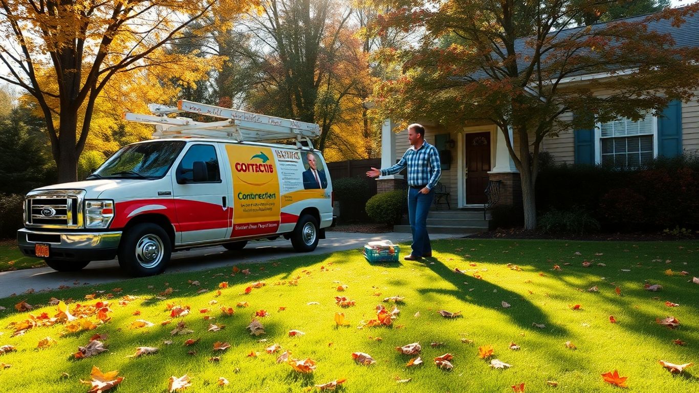 Contractor shaking hands with homeowner in autumn.
