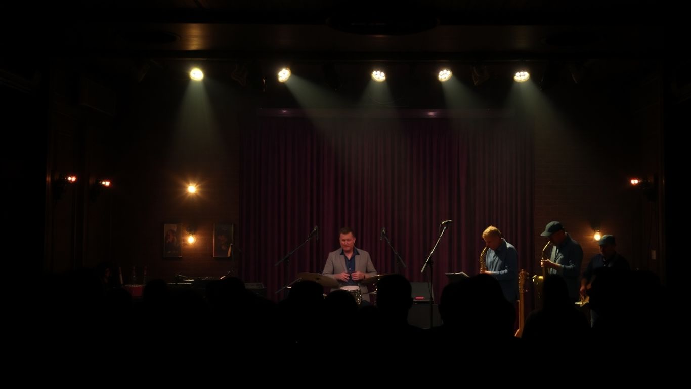 Muzicieni de jazz cântând pe o scenă iluminată.