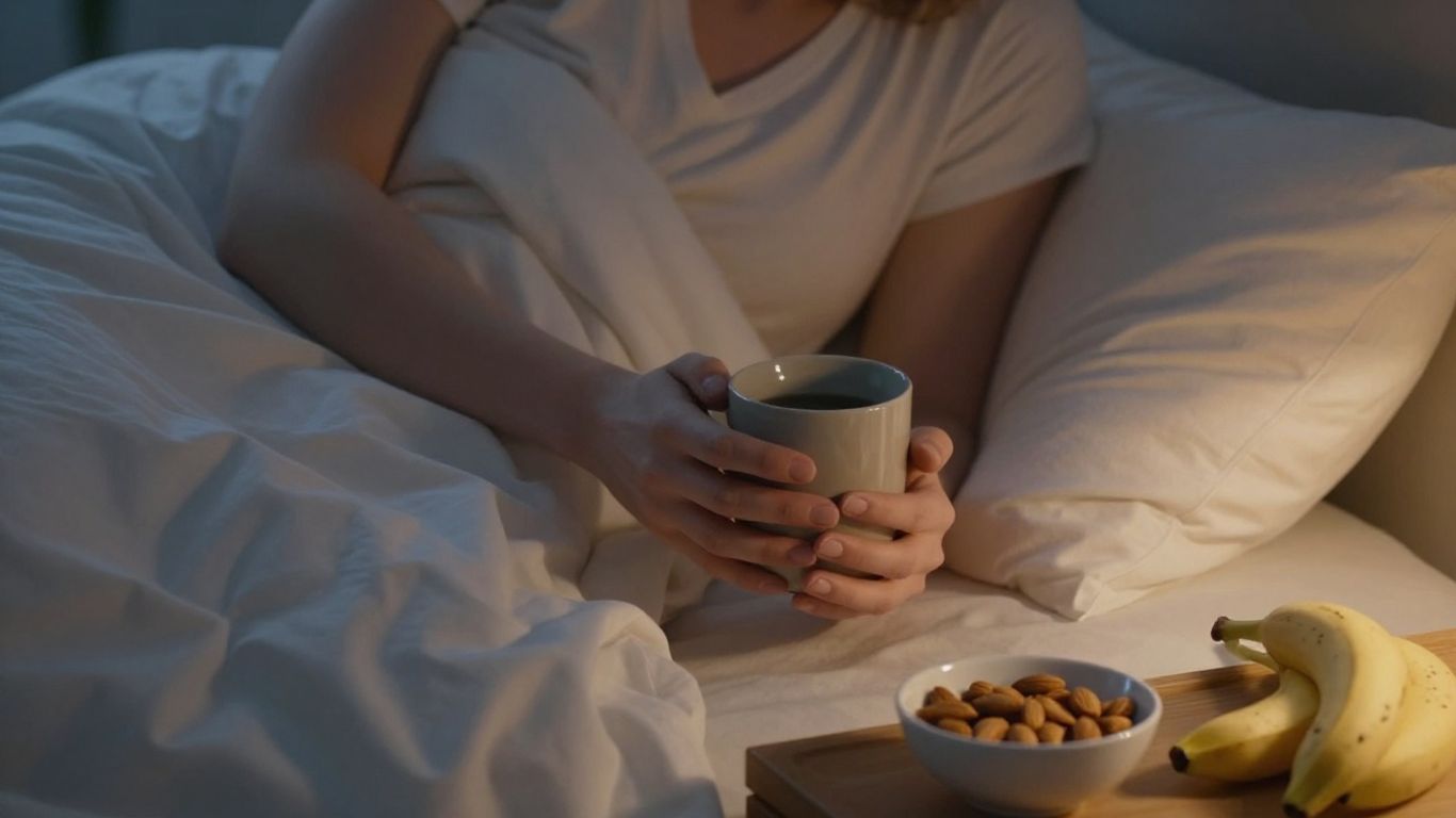 Cozy bedroom with person in bed, warm mug, and sleep-friendly snacks.