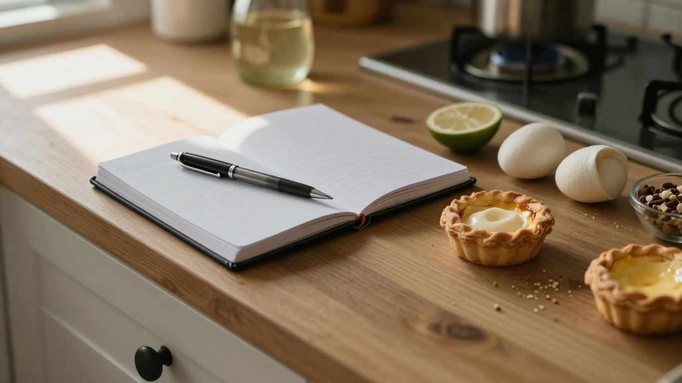 Home kitchen with ingredients and planning notebook.