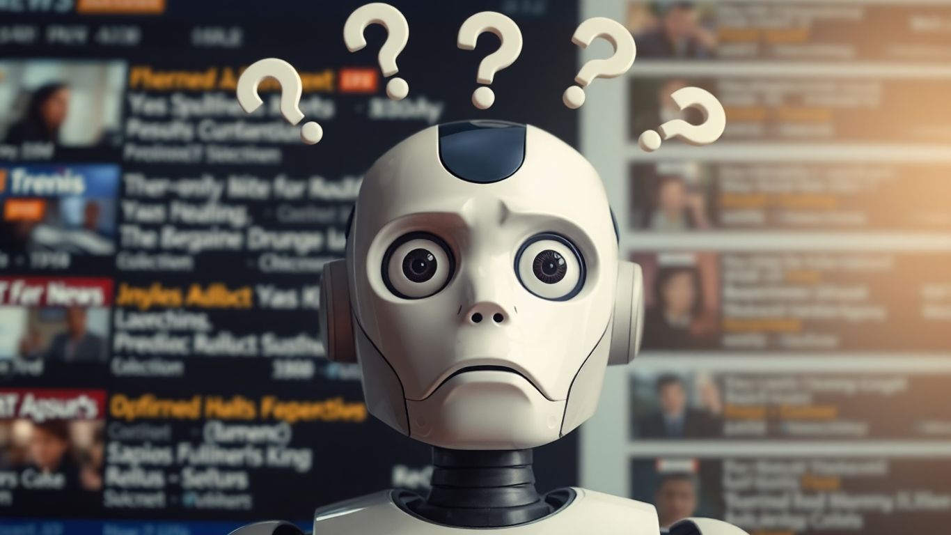 Robot looking confused by distorted news headlines.