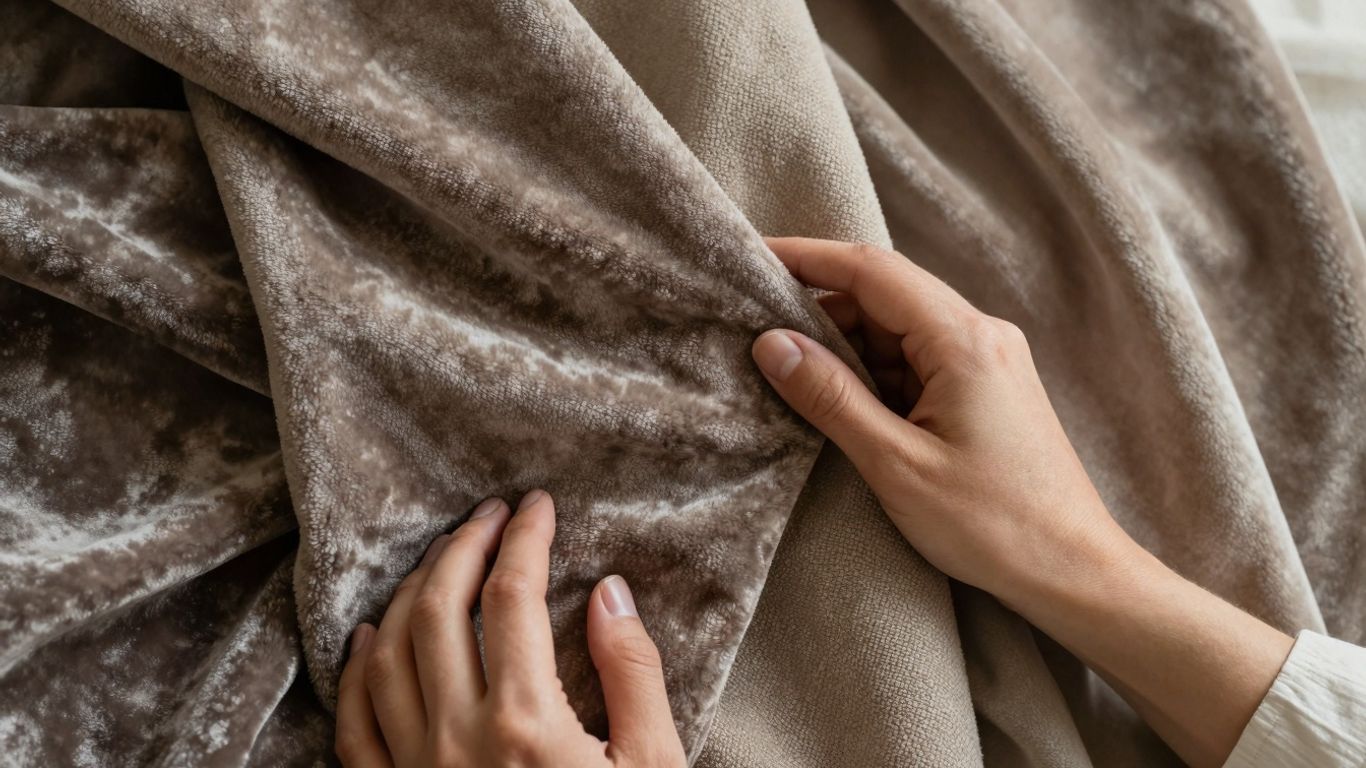 Mâini atingând diverse texturi de țesături interioare.