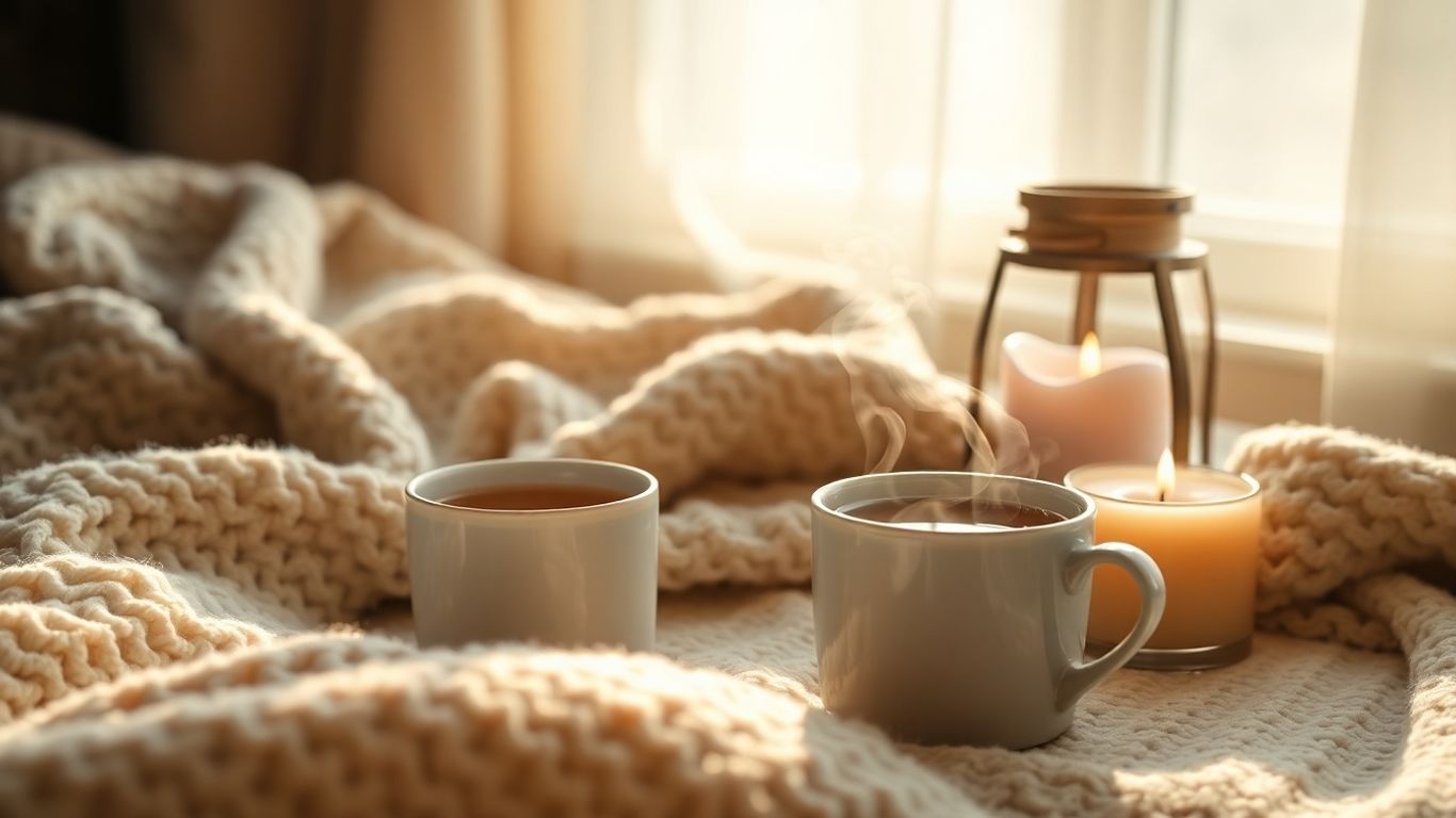 Cozy relaxation items: tea, blanket, candle, sunlight.