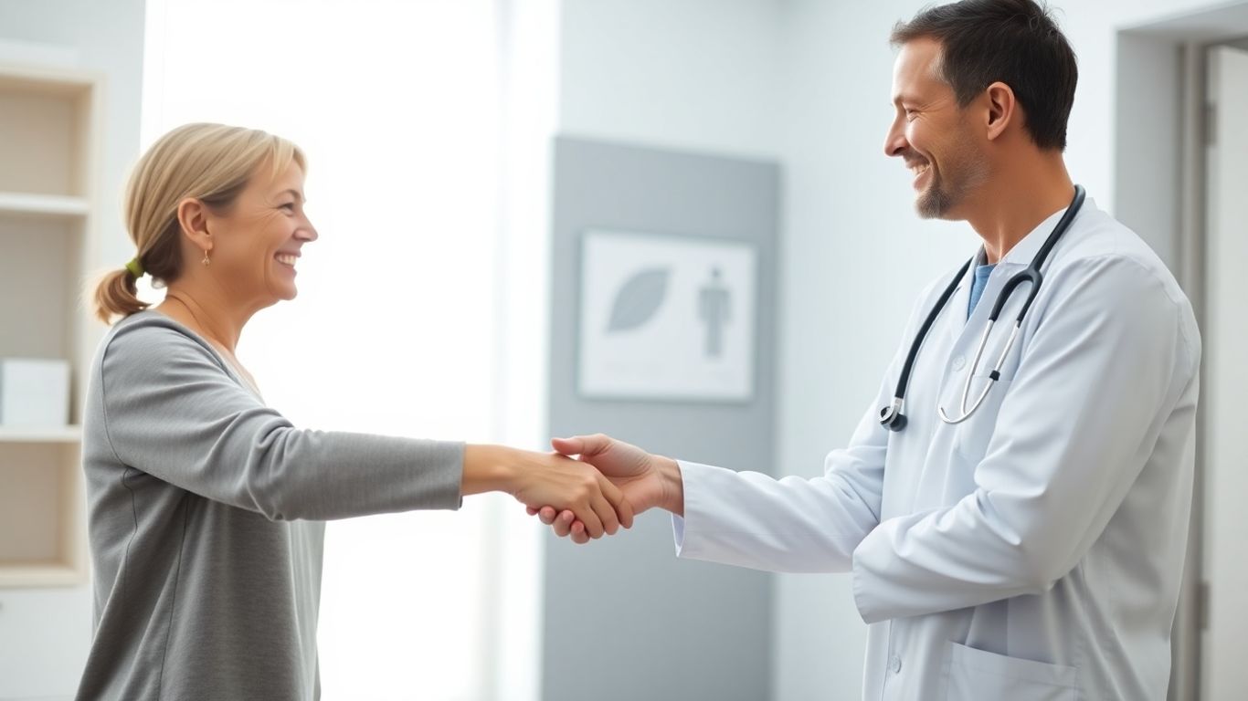 Profesional medical zâmbind și strângând mâna unui pacient.