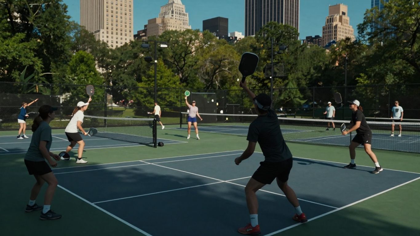 Pickleball players on an outdoor NYC court.