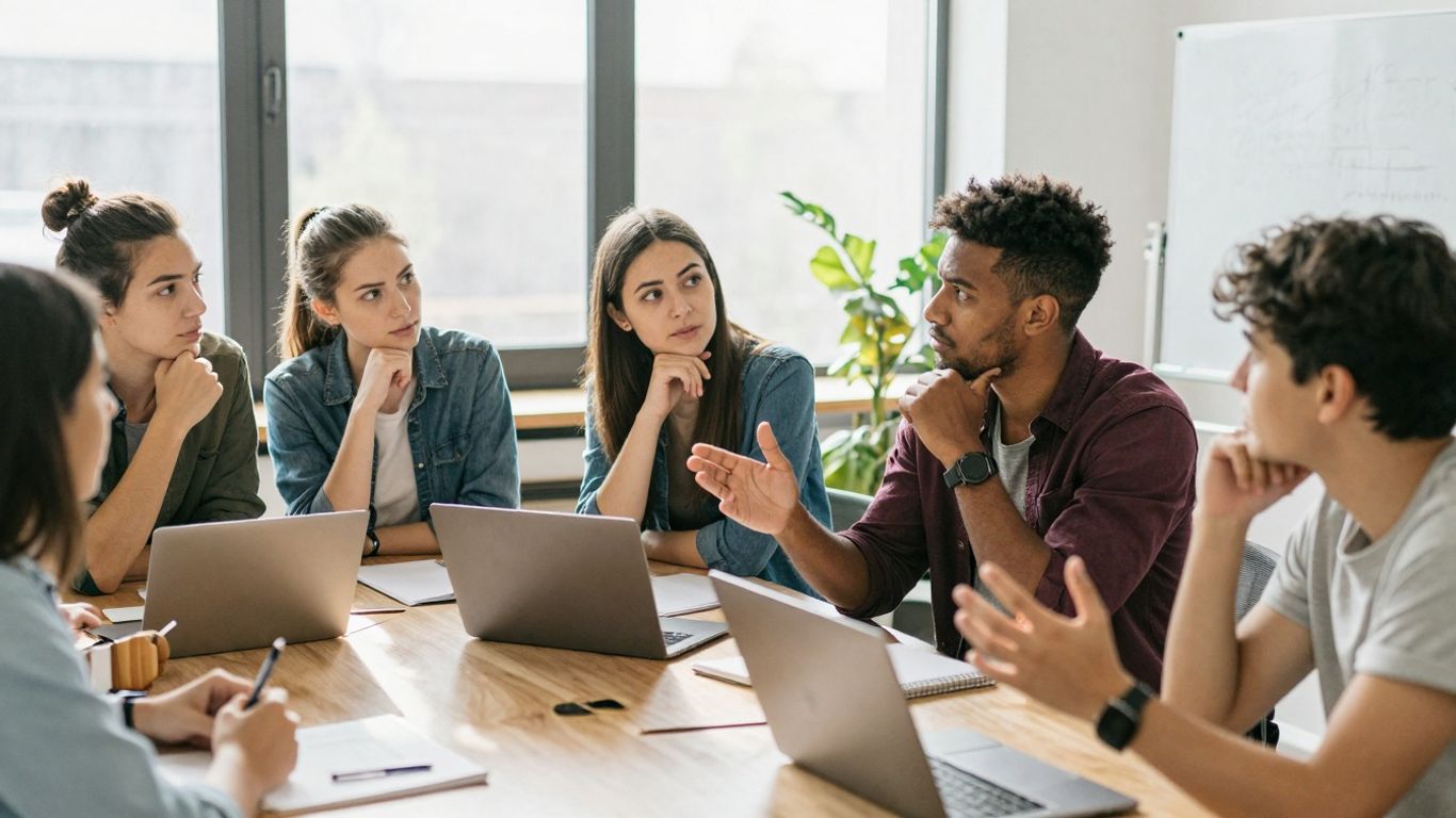 Grup de tineri discutând activ despre educație și cultură.