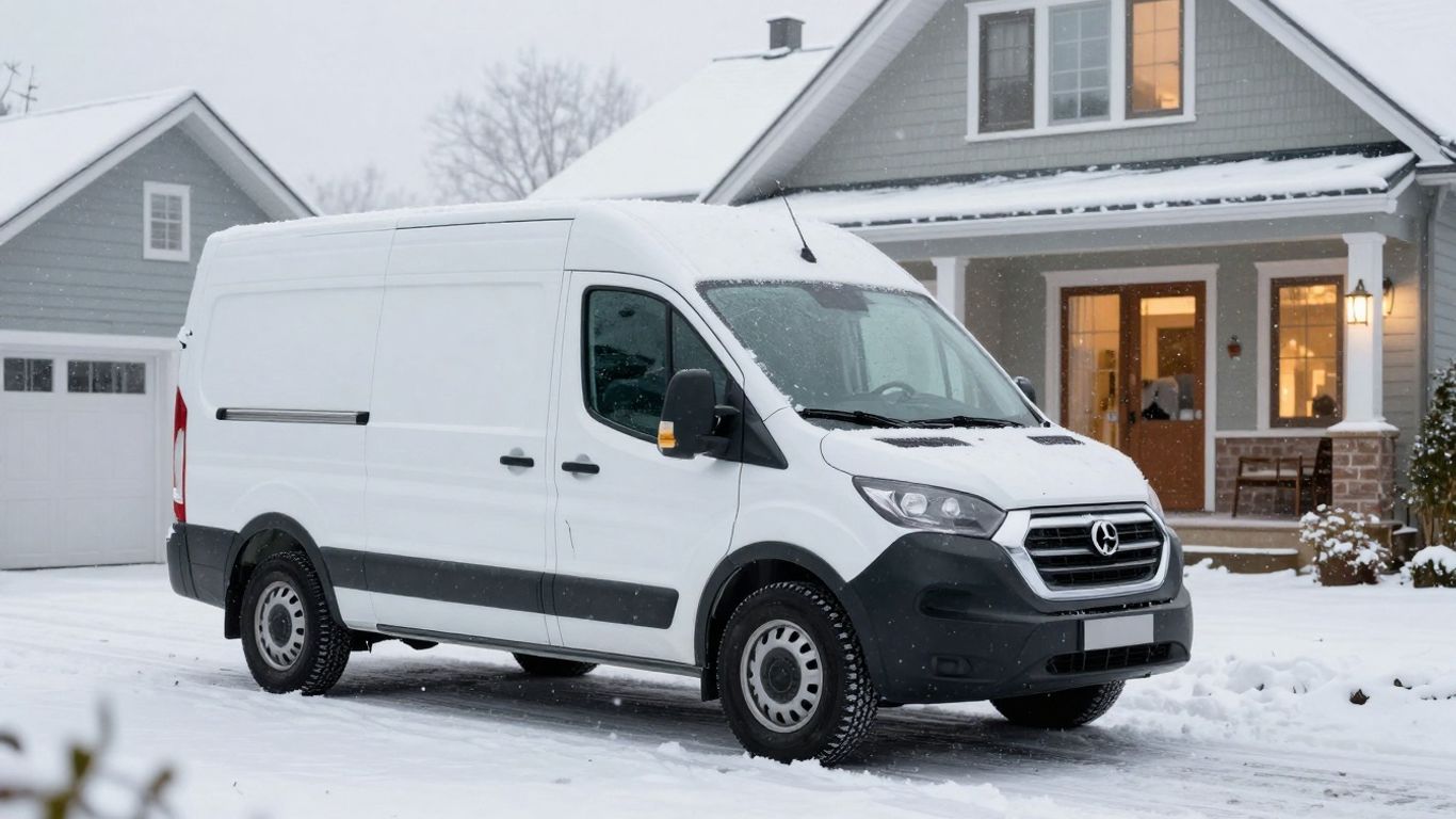 Contractor van in snowy driveway near house.