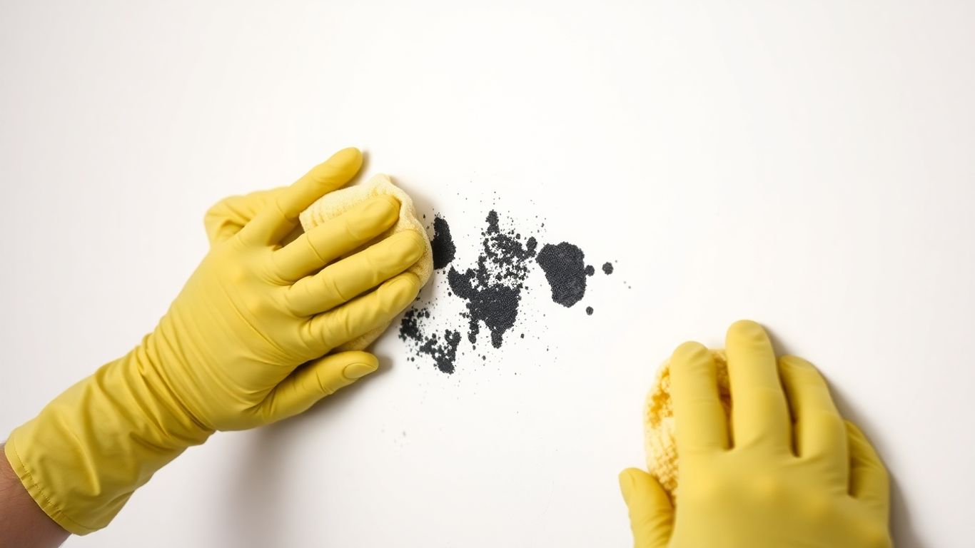 Hands cleaning mould from a painted wall.