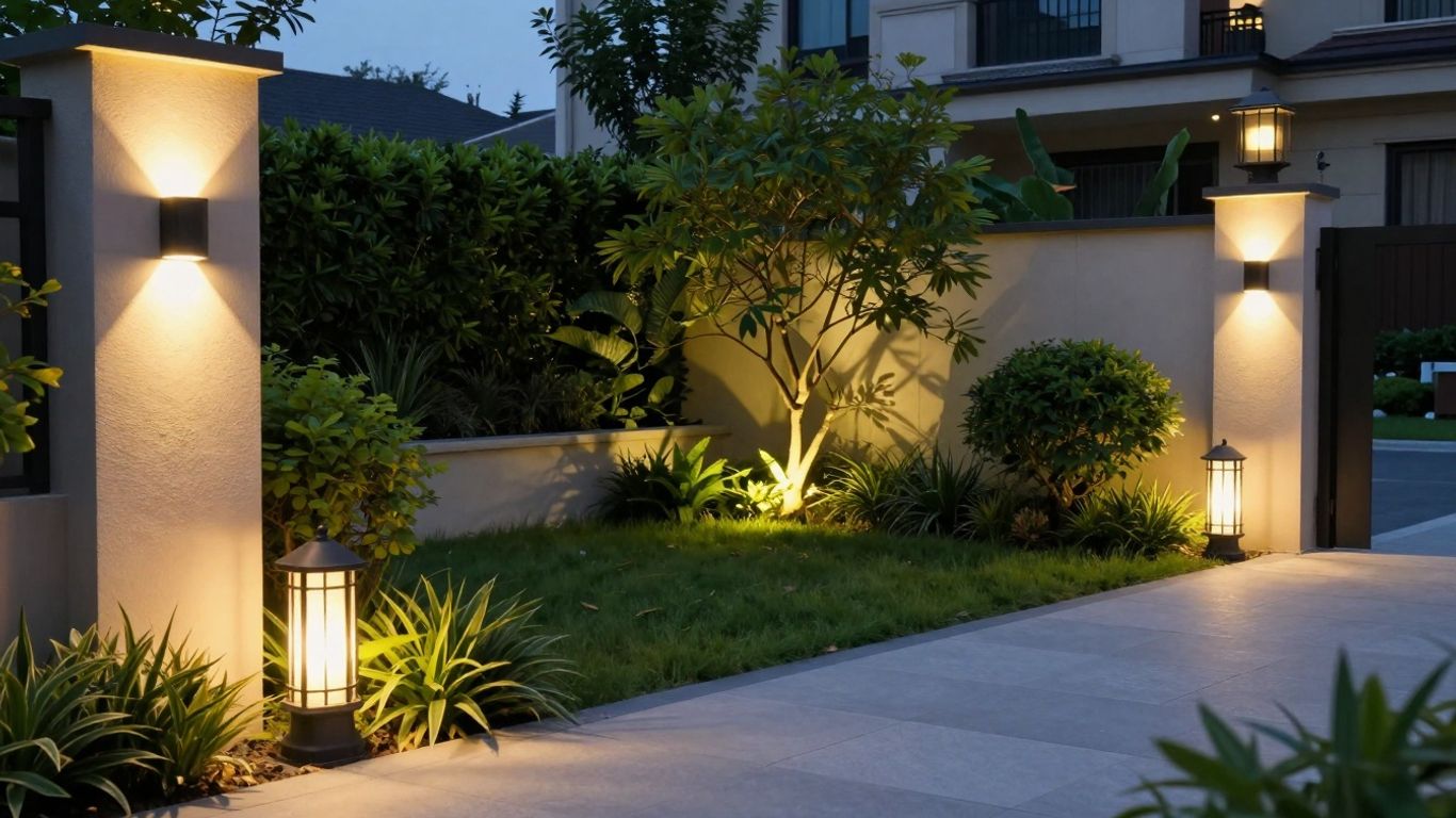 Modern garden illuminated by sleek outdoor lighting fixtures.
