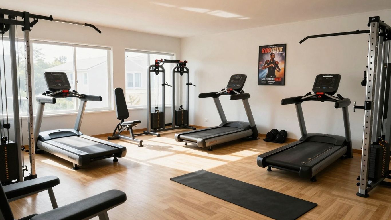 Home gym with exercise machines and natural light.