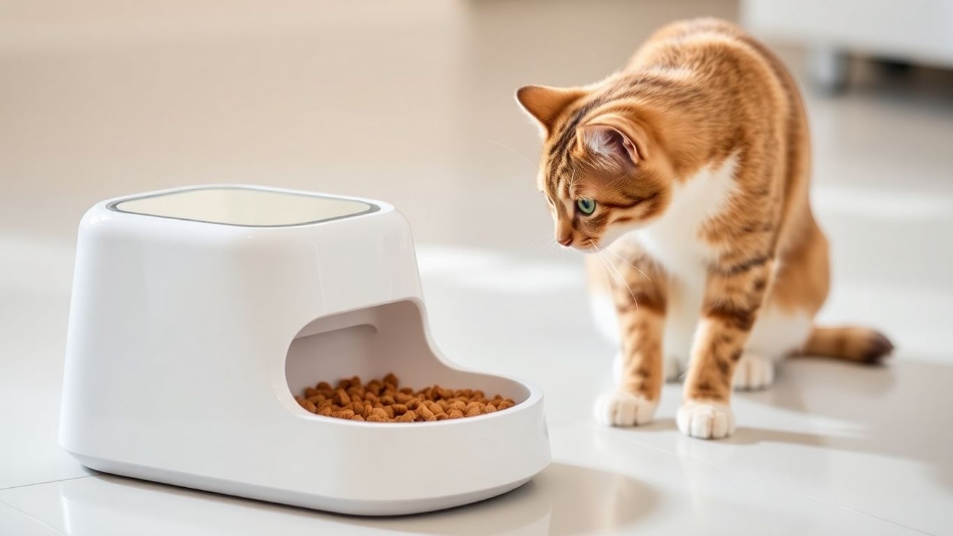 Automatic cat feeder with a curious cat nearby.