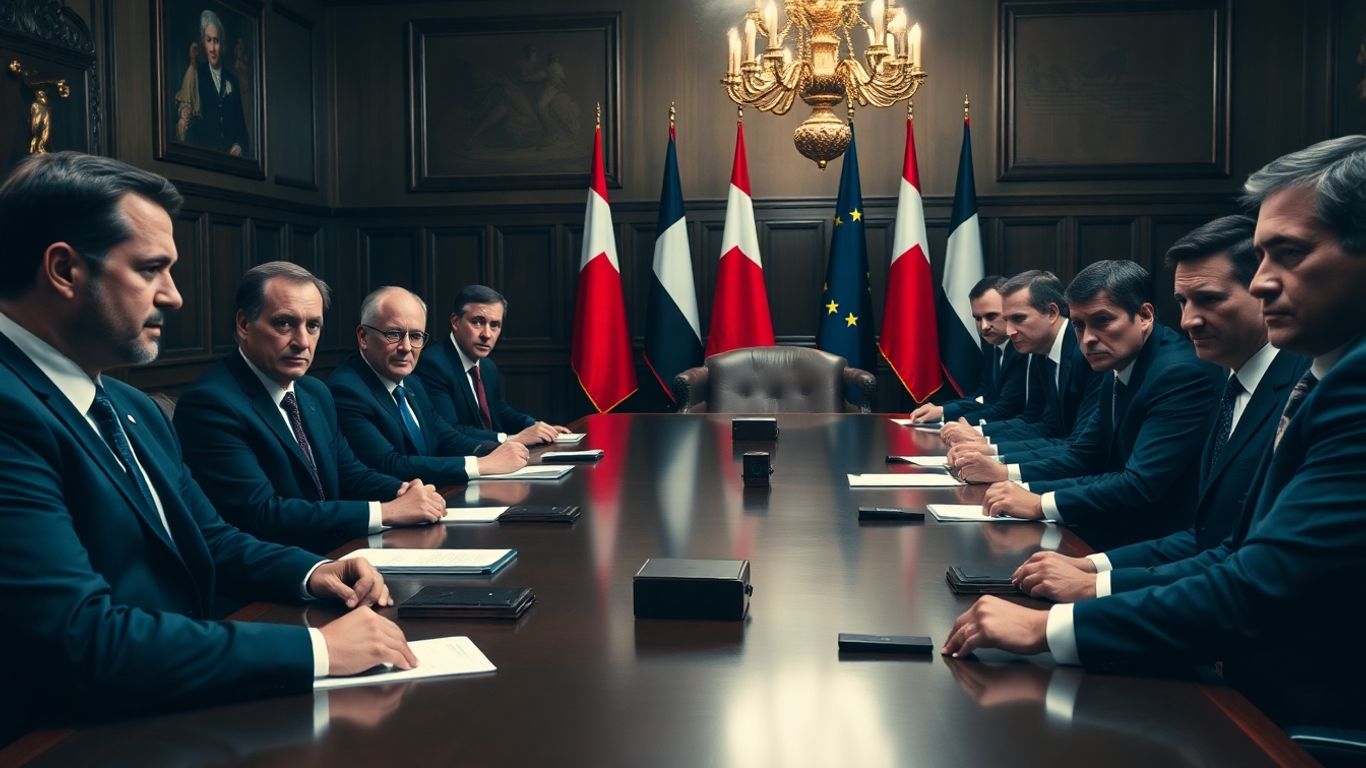 Officiels français réunis en salle sous tension politique.