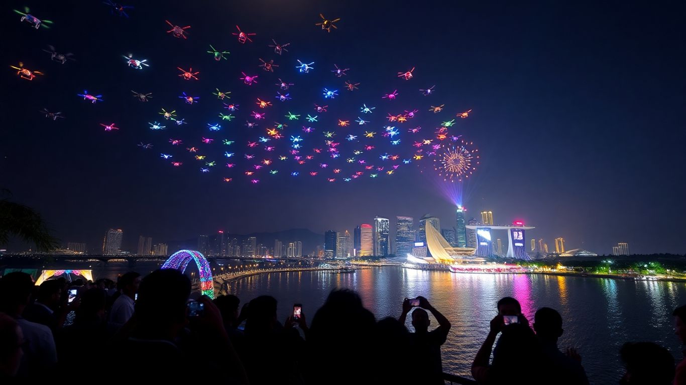 Colorful drone show over Indonesian city event at night