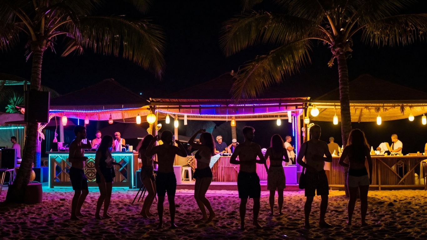 Seminyak beach club at night with dancing people and neon lights.