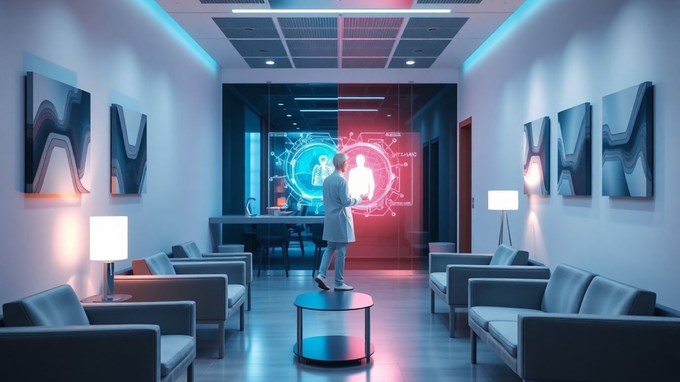 Clinic reception with AI interface.