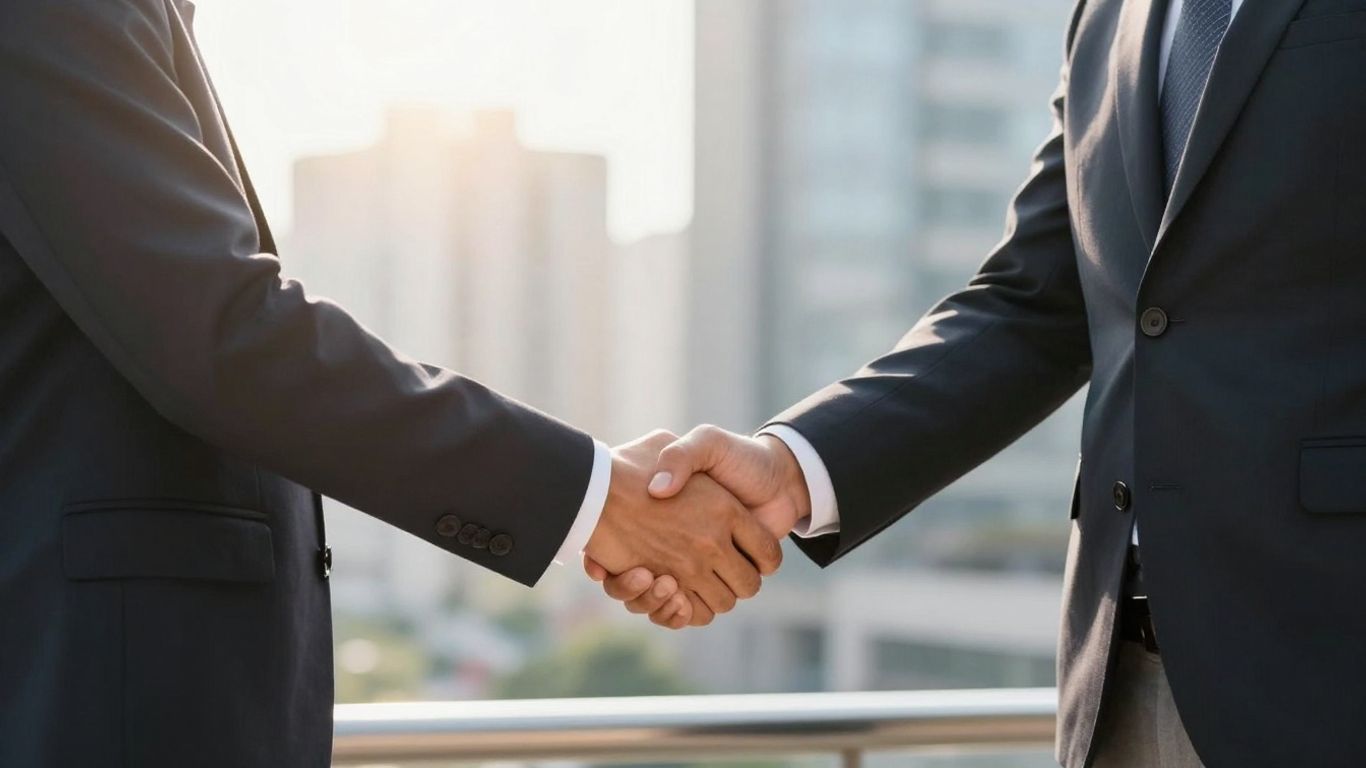 Handshake in front of cityscape, real estate deal.