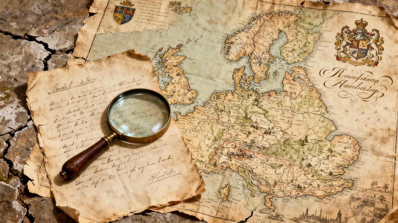 English last name origins map with crests and magnifying glass.