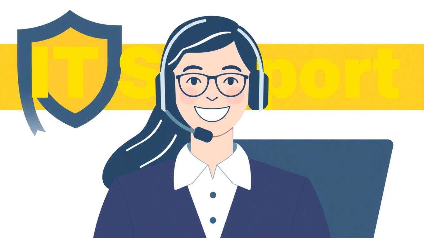 IT support technician with headset, shield graphic.