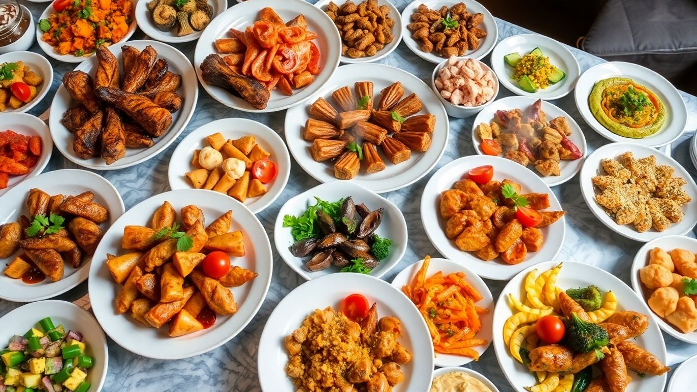 ภาพอาหารบุฟเฟ่ต์ฮาลาลหลากหลายเมนูบนโต๊ะ