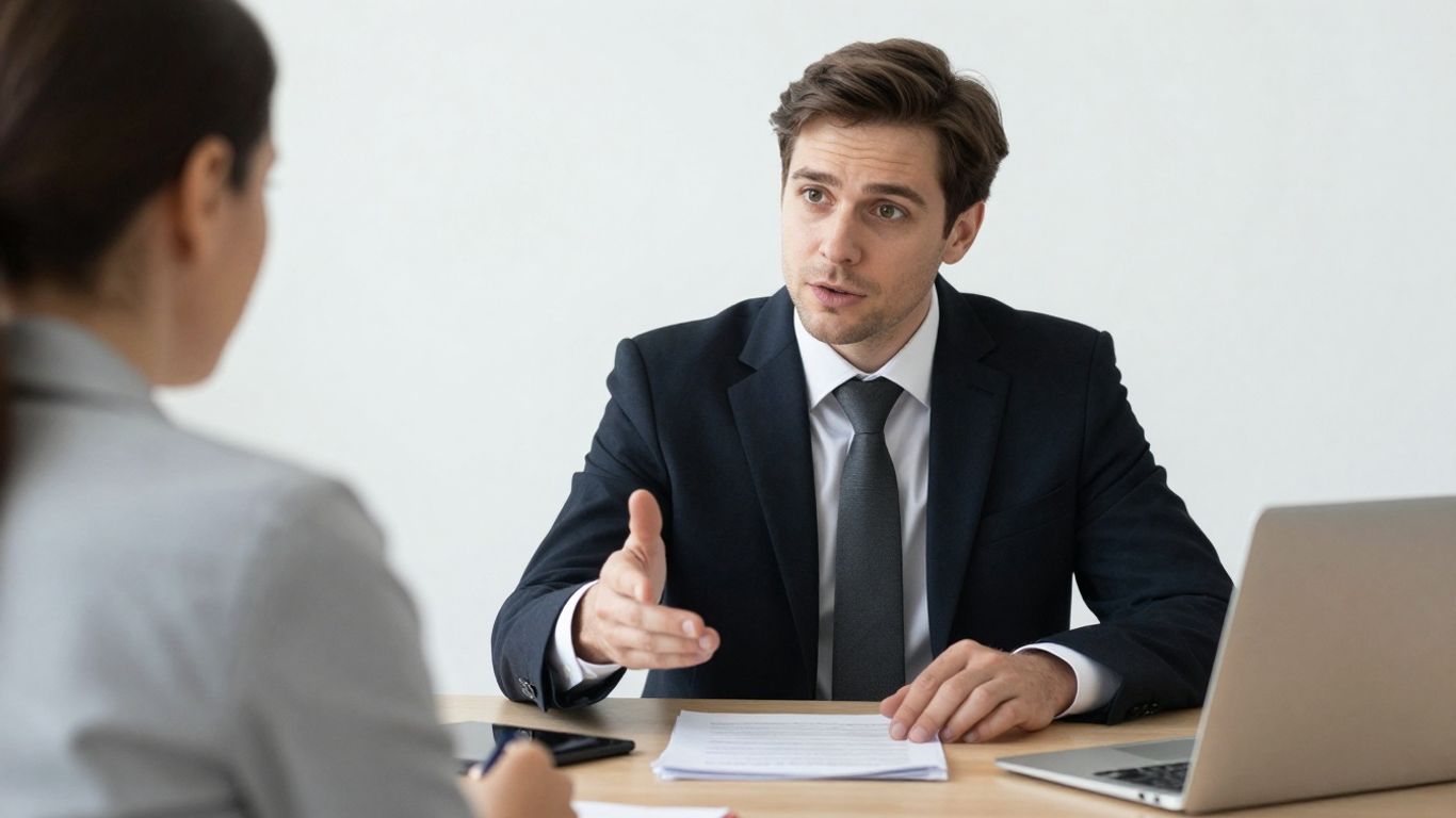 Lawyer and client discussing legal matters and fees.