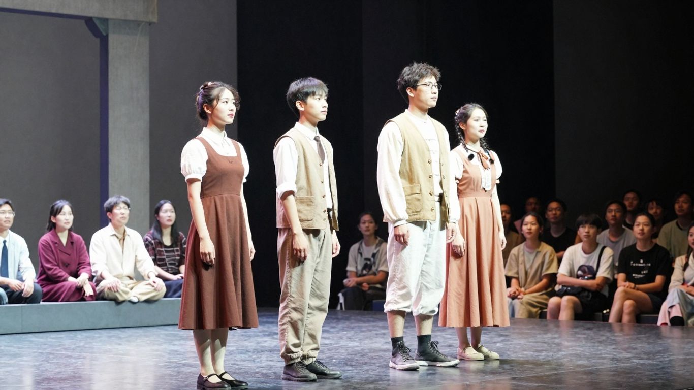 Actori pe scenă în fața publicului, costumati divers.