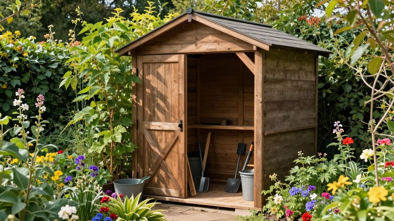 Houten tuinhuis in een zonnige tuin met bloemen.