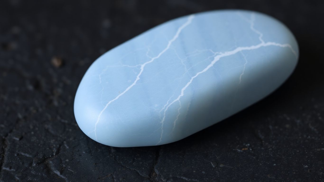 Pale blue angelite stone on dark surface