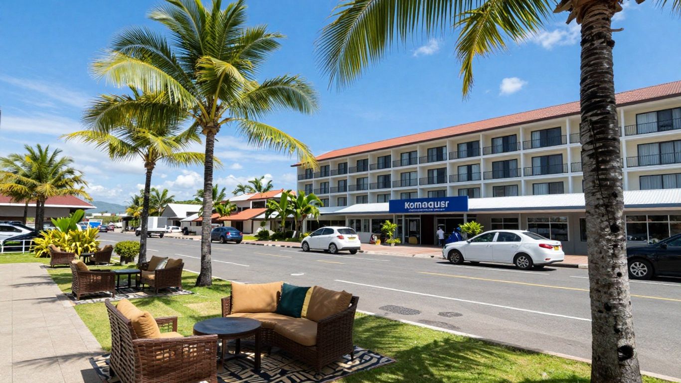 Cheap hotels near Komodo Airport with palm trees.