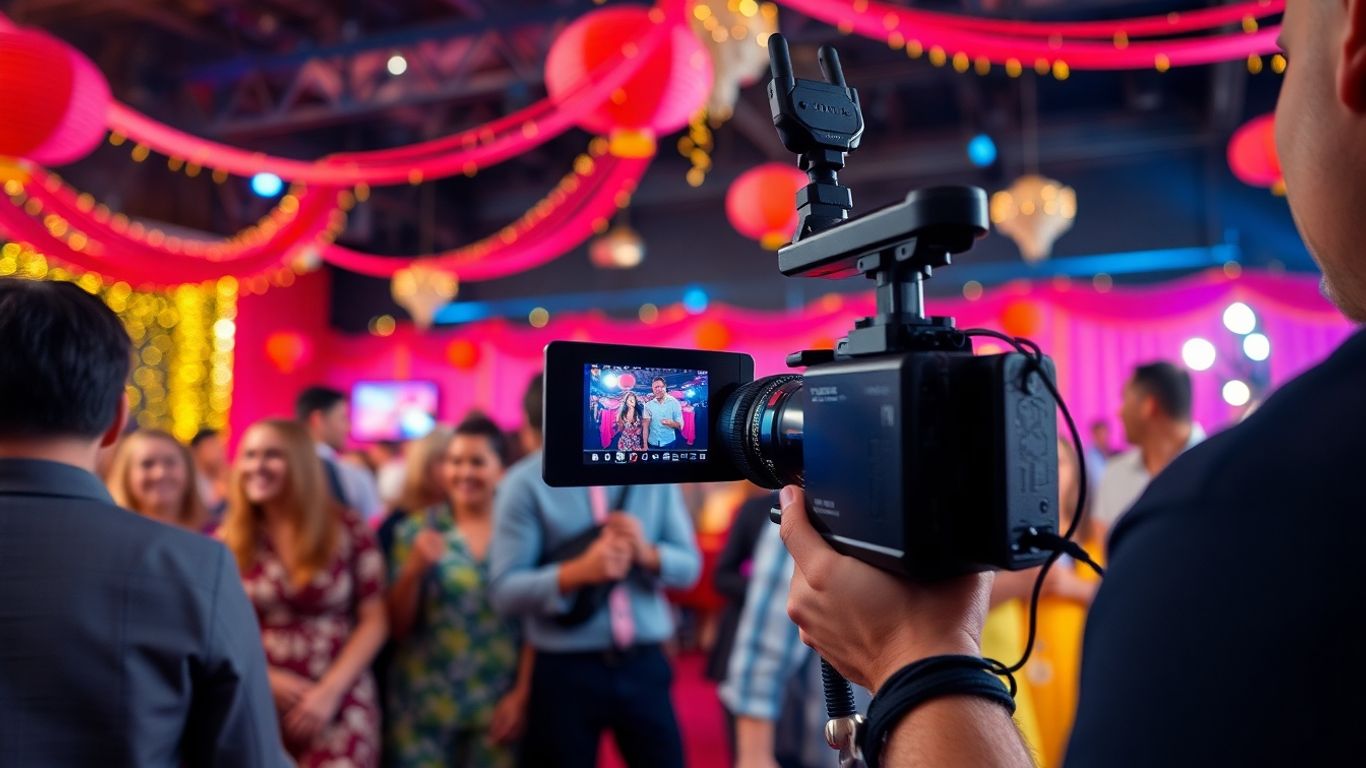 Vidéaste capturant des moments d'un événement festif.