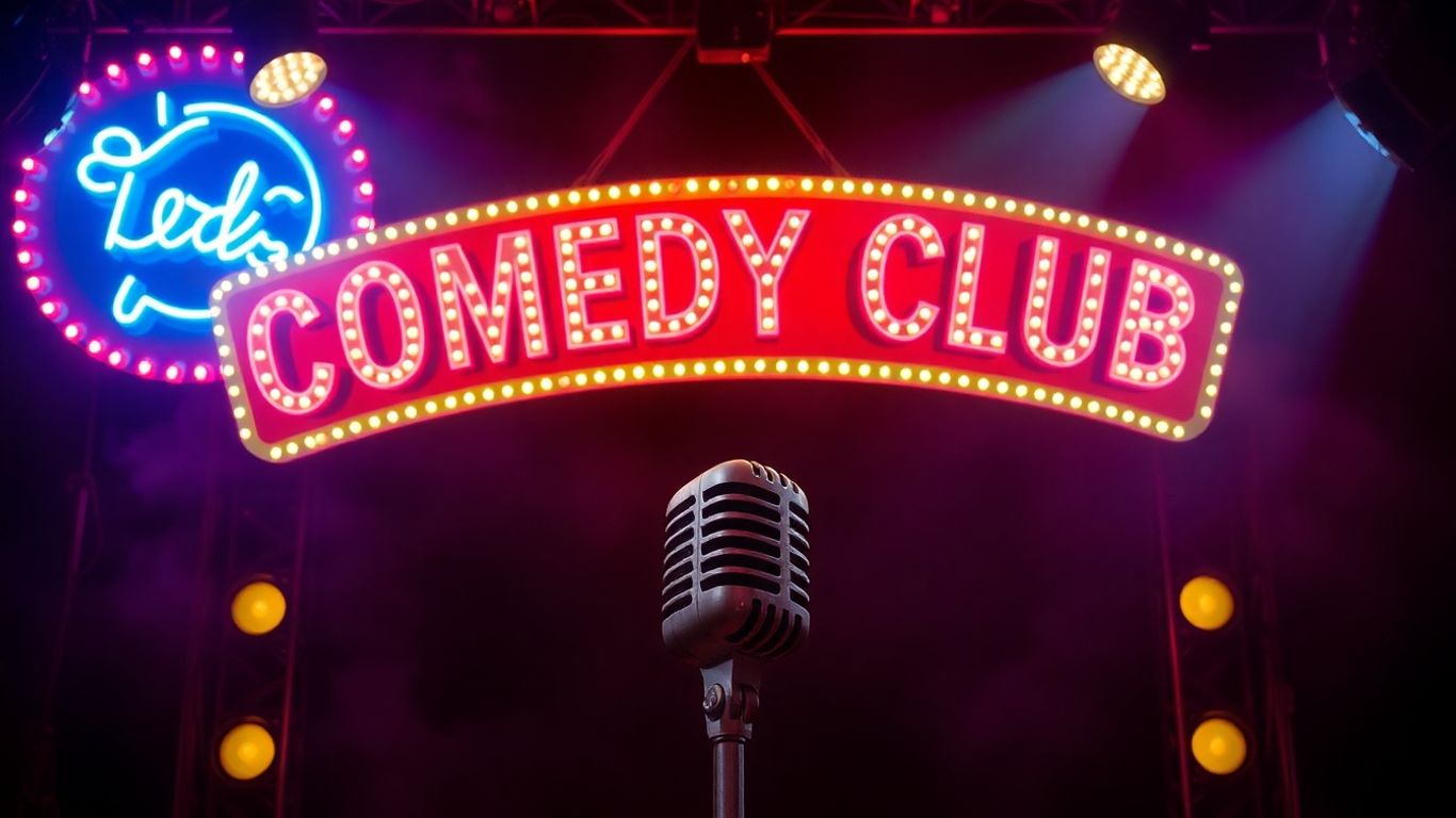Eighties comedy club stage with microphones and neon signs.