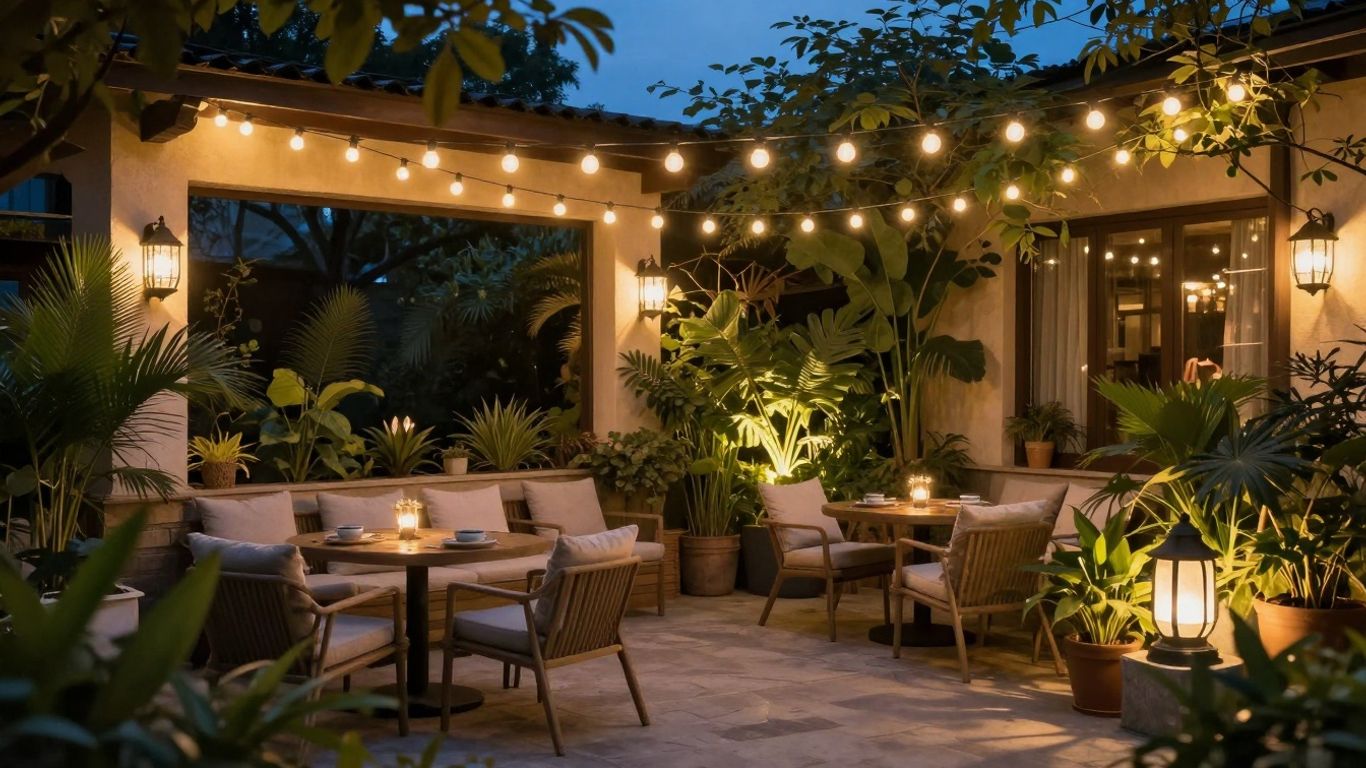 Patio lit up with various decorative lights at dusk.