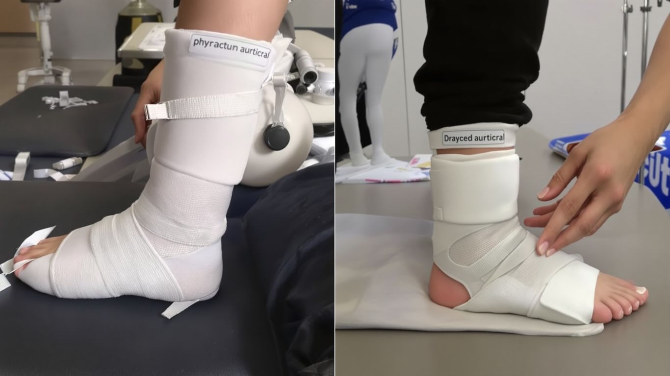 Tobillo con escayola y tobillo en fisioterapia.
