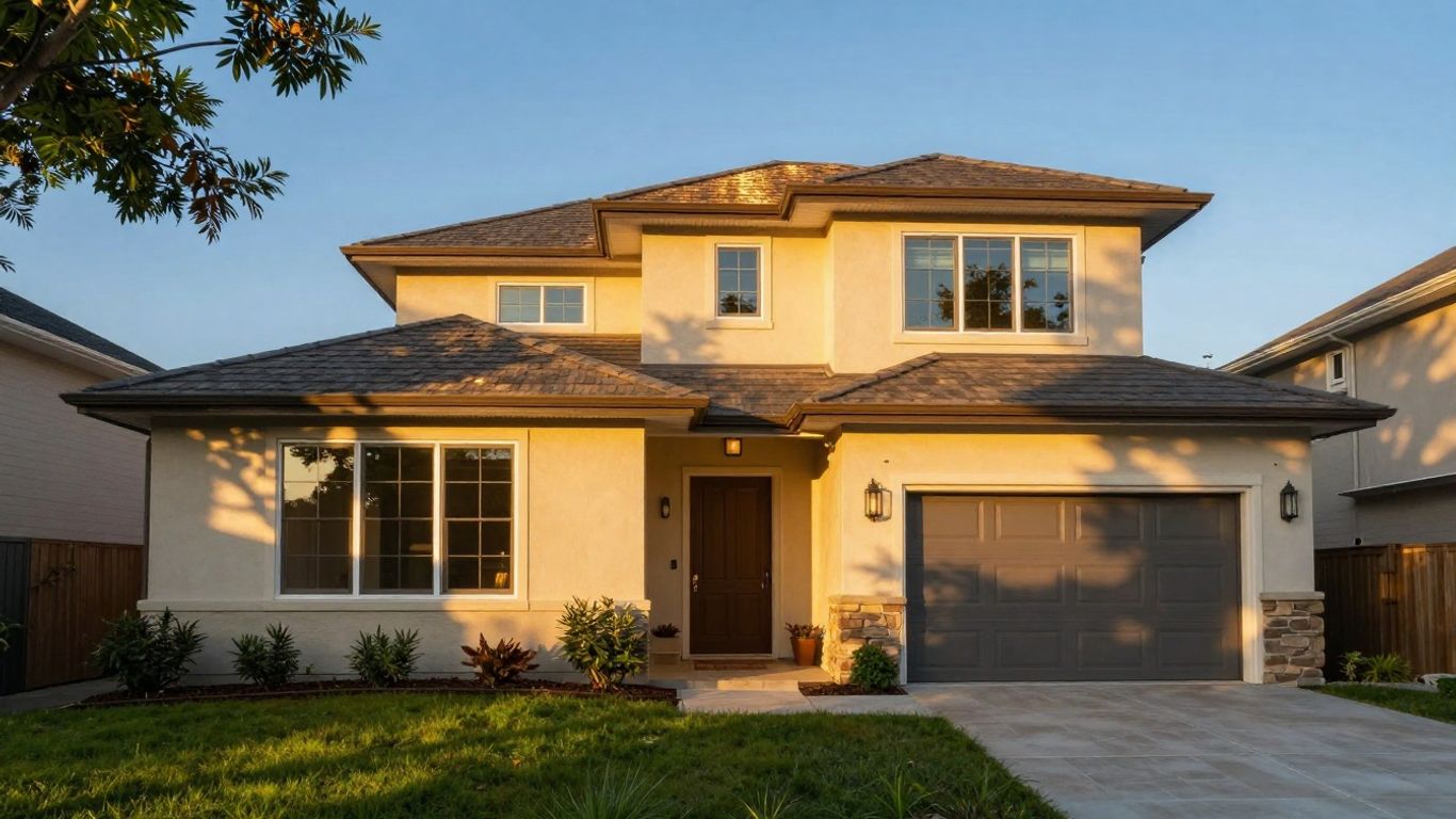 Casa moderna con jardín y cielo azul.