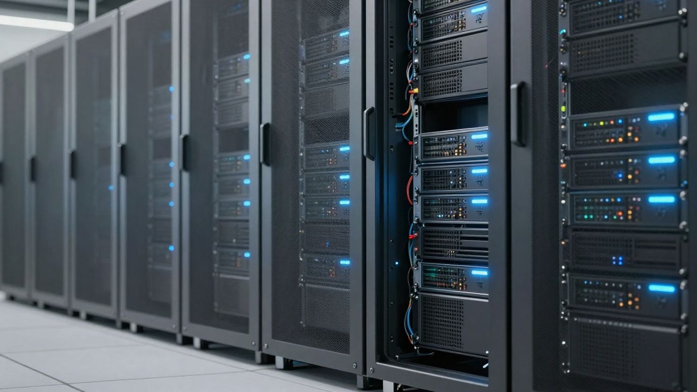 Modern server room with glowing blue lights and advanced hardware.