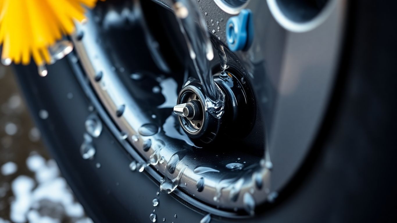 Car tire valve cap during a car wash.
