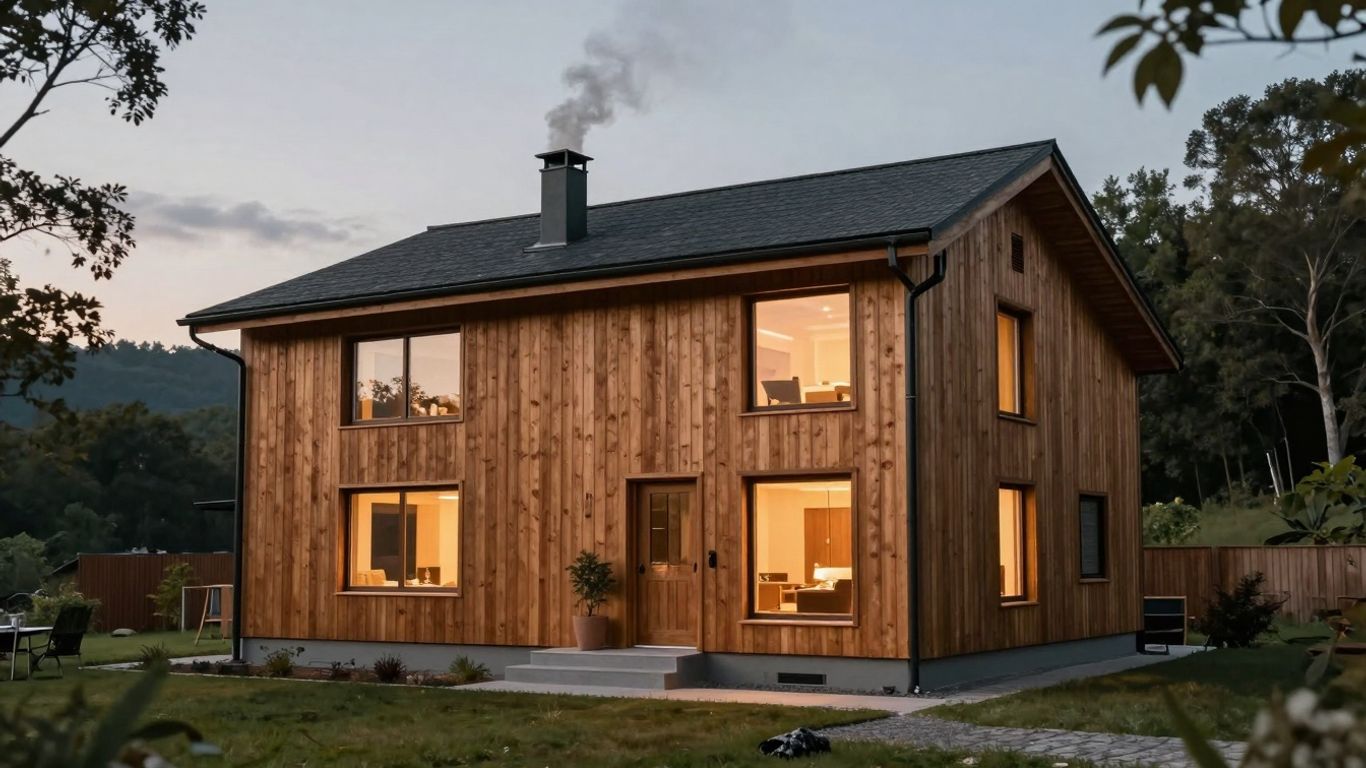 Casă din lemn modernă, sigură și ecologică, înconjurată de natură.