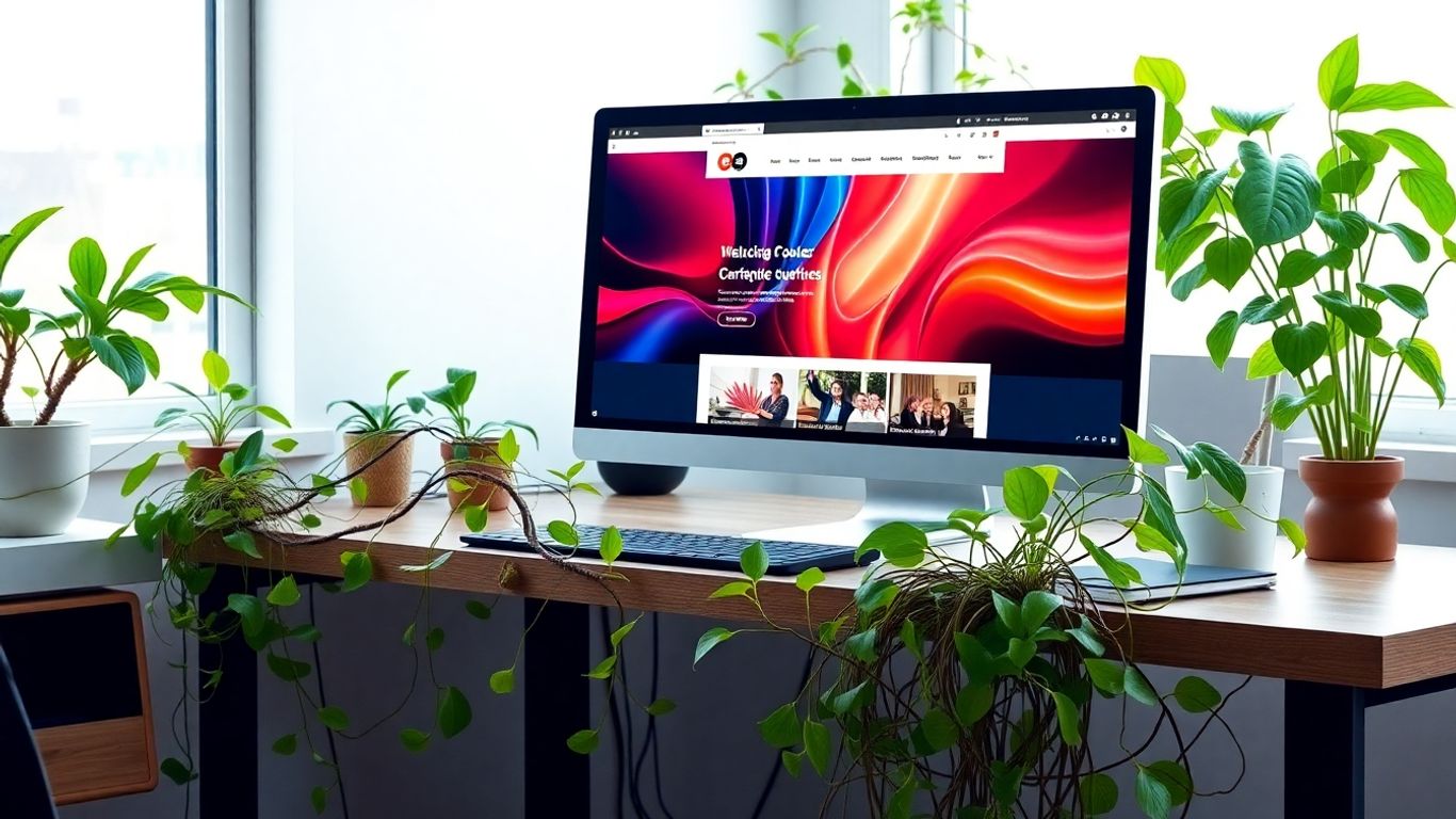 Computer and plants blending in a modern digital workspace.