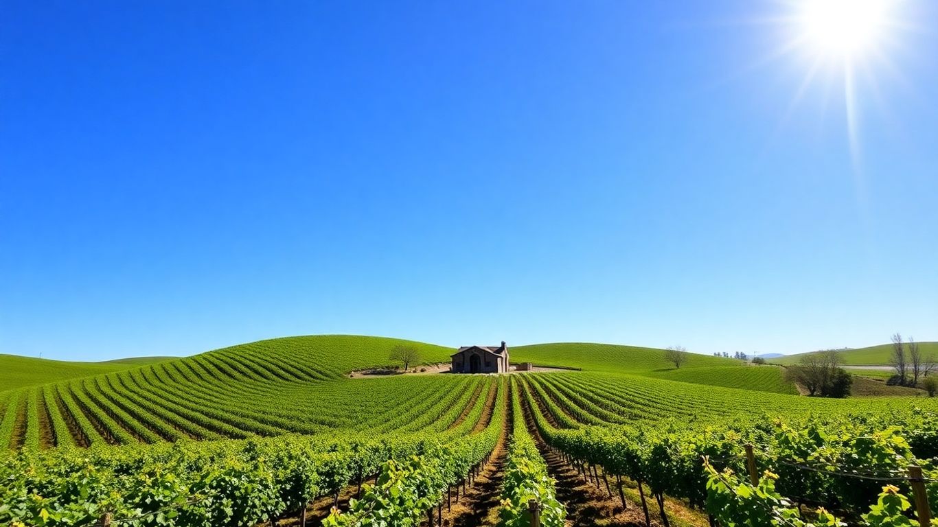 Barossa Valley vineyard with winery and rolling hills.