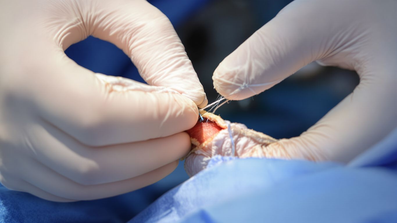 Manos de cirujano reparando un tendón roto.