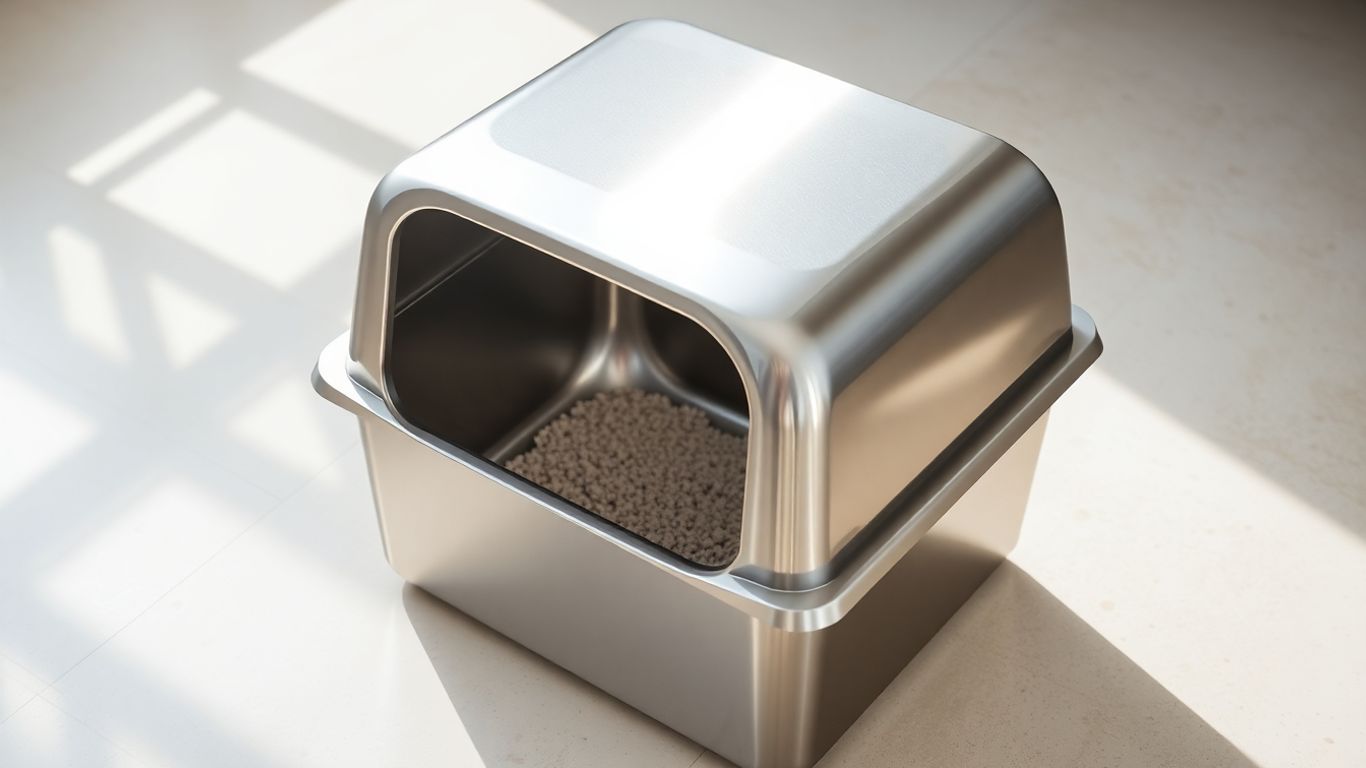 Shiny stainless steel cat litter box on floor