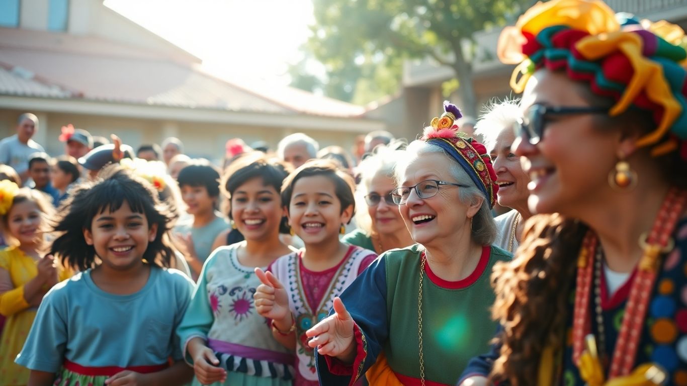 Comunitate participând la un spectacol de teatru în aer liber.