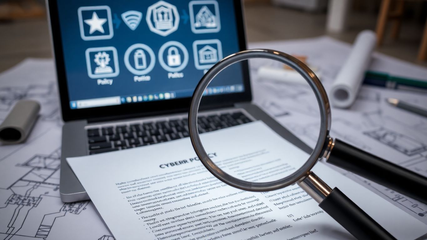 Construction site with policy and laptop.