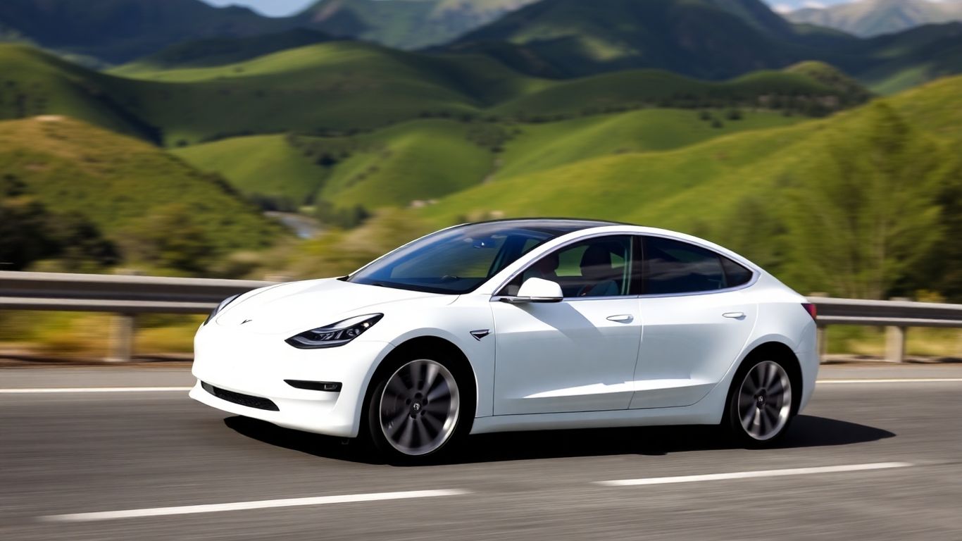 Tesla Model 3 driving on a New Zealand highway.