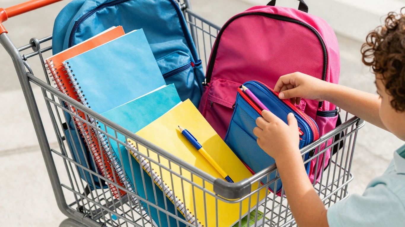 Organized school supplies in a shopping cart.